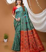 sea green silk blend jacquard weaving saree with matching blouse