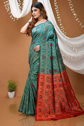 sea green silk blend jacquard weaving saree with matching blouse