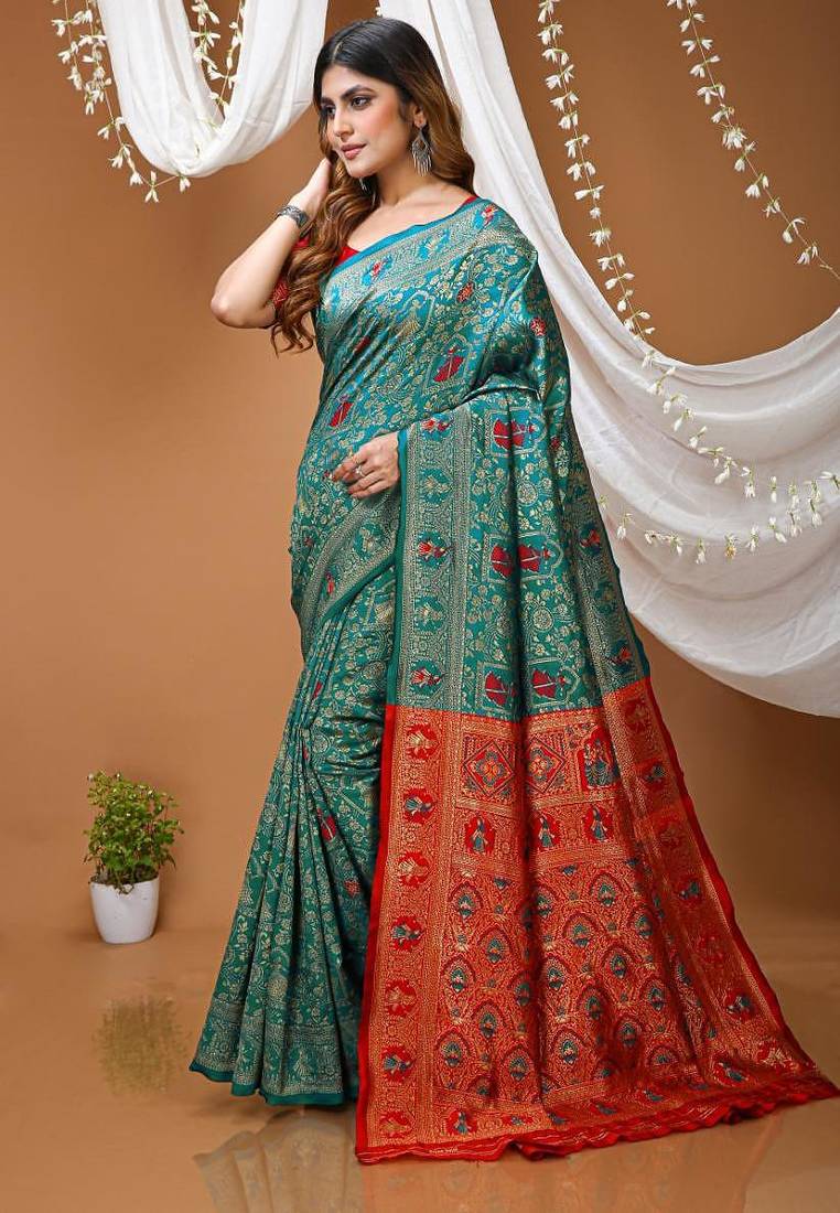 sea green silk blend jacquard weaving saree with matching blouse