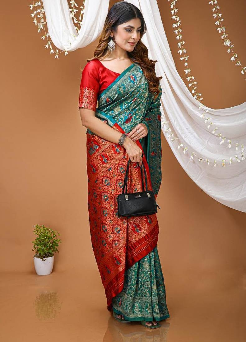 sea green silk blend jacquard weaving saree with matching blouse