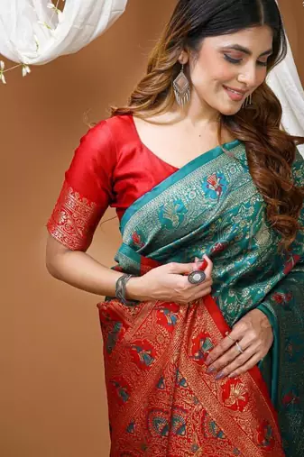 sea green silk blend jacquard weaving saree with matching blouse