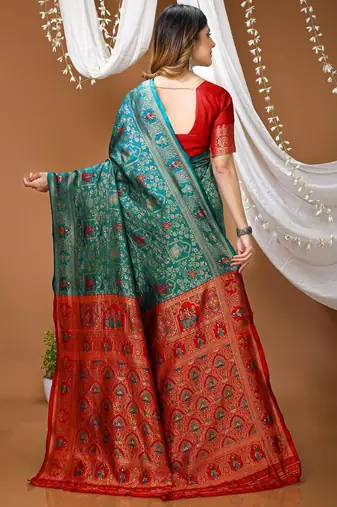 sea green silk blend jacquard weaving saree with matching blouse