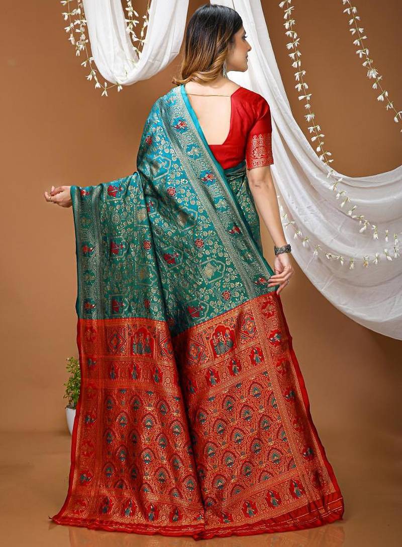 sea green silk blend jacquard weaving saree with matching blouse