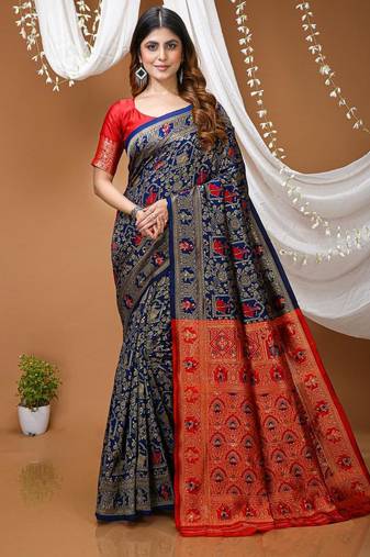 navy blue silk blend jacquard weaving saree with matching blouse