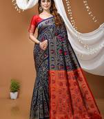 navy blue silk blend jacquard weaving saree with matching blouse