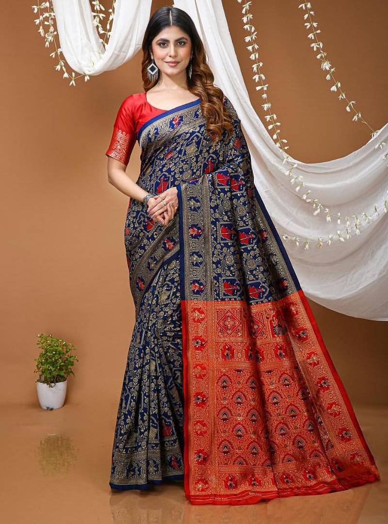 navy blue silk blend jacquard weaving saree with matching blouse