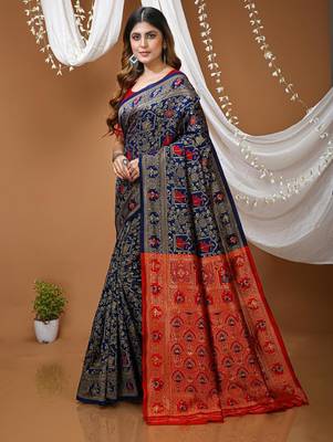 navy blue silk blend jacquard weaving saree with matching blouse 2
