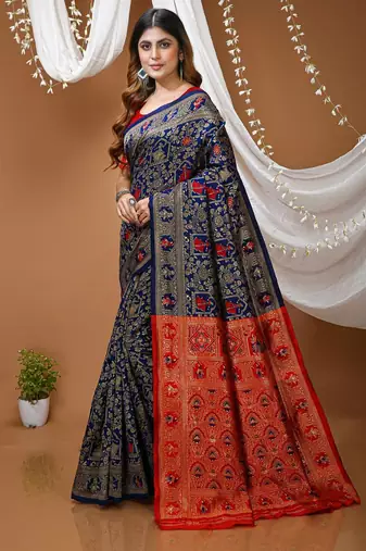 navy blue silk blend jacquard weaving saree with matching blouse