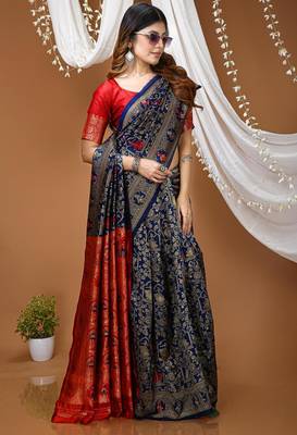 navy blue silk blend jacquard weaving saree with matching blouse 3
