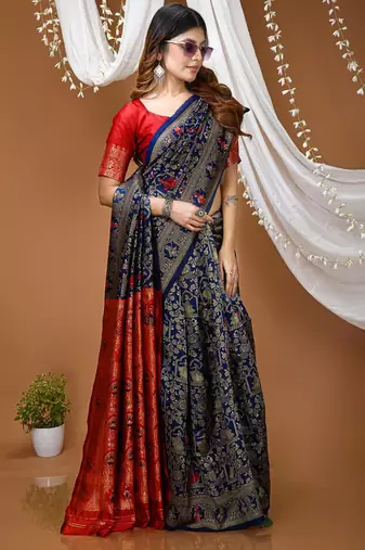 navy blue silk blend jacquard weaving saree with matching blouse