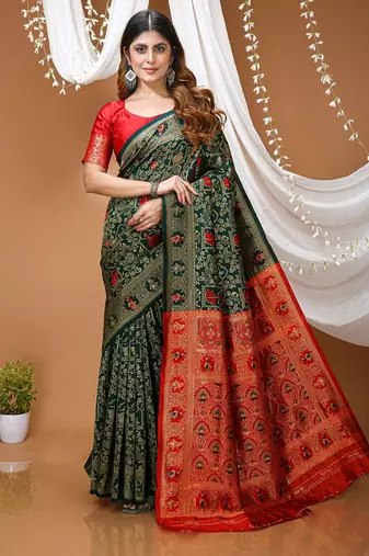 green silk blend jacquard weaving saree with matching blouse