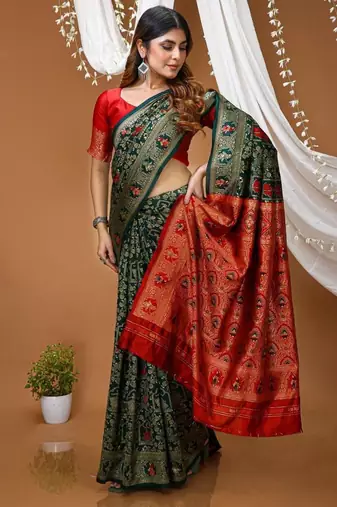 green silk blend jacquard weaving saree with matching blouse