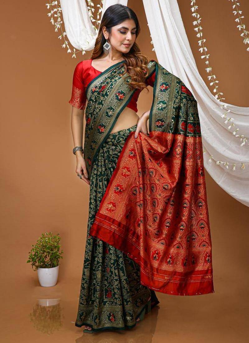 green silk blend jacquard weaving saree with matching blouse