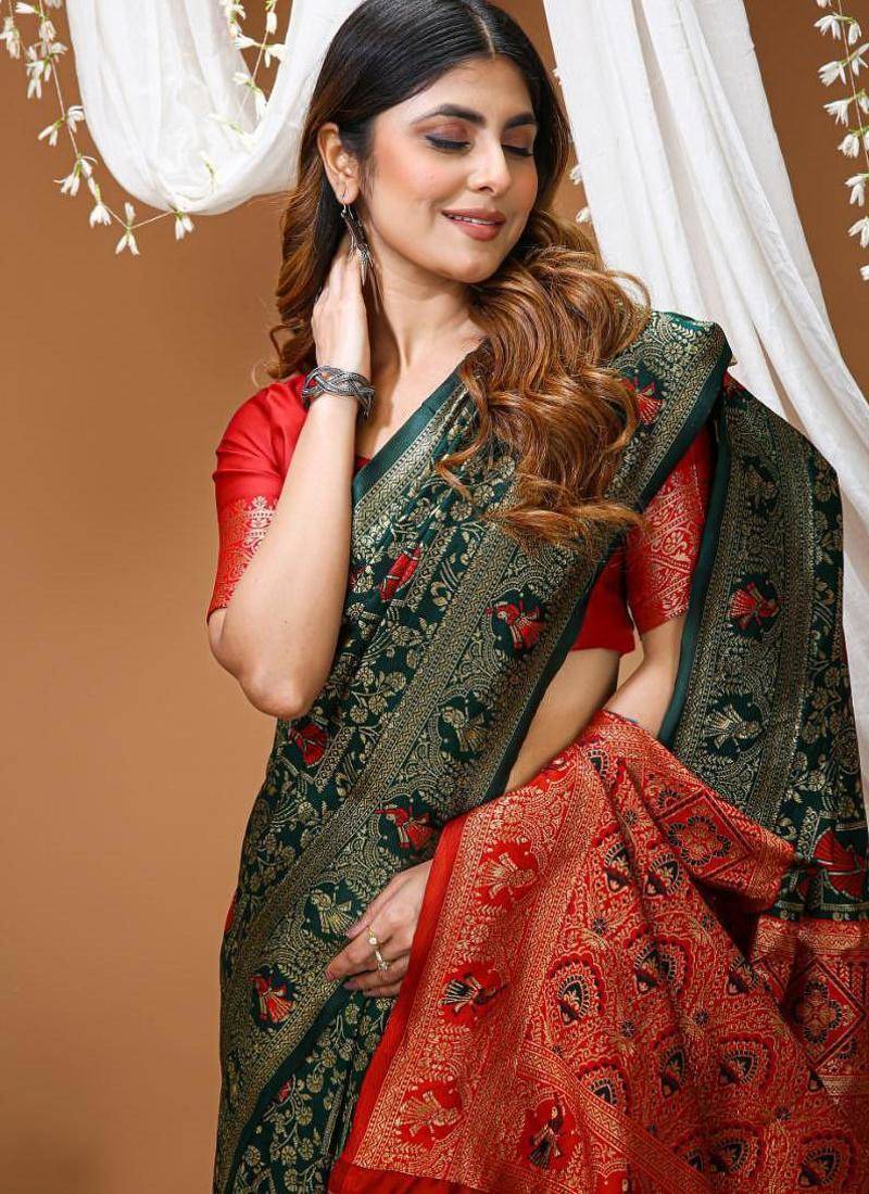 green silk blend jacquard weaving saree with matching blouse