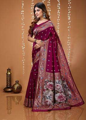 magenta silk blend woven work 3d print pallu saree 1