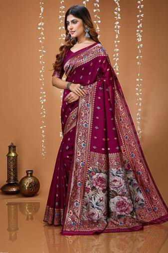 magenta silk blend woven work 3d print pallu saree