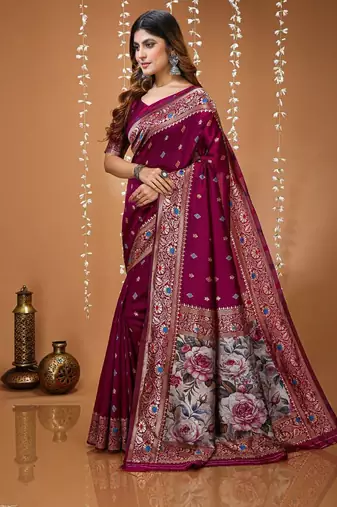 magenta silk blend woven work 3d print pallu saree