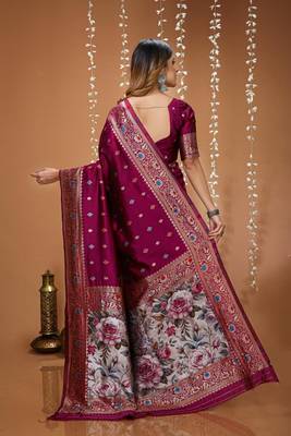 magenta silk blend woven work 3d print pallu saree 2
