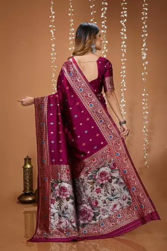 magenta silk blend woven work 3d print pallu saree