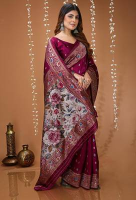 magenta silk blend woven work 3d print pallu saree 3