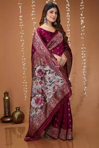 magenta silk blend woven work 3d print pallu saree