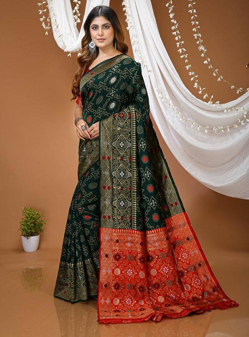 green silk blend jacquard weaving saree with matching blouse