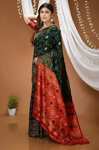 green silk blend jacquard weaving saree with matching blouse