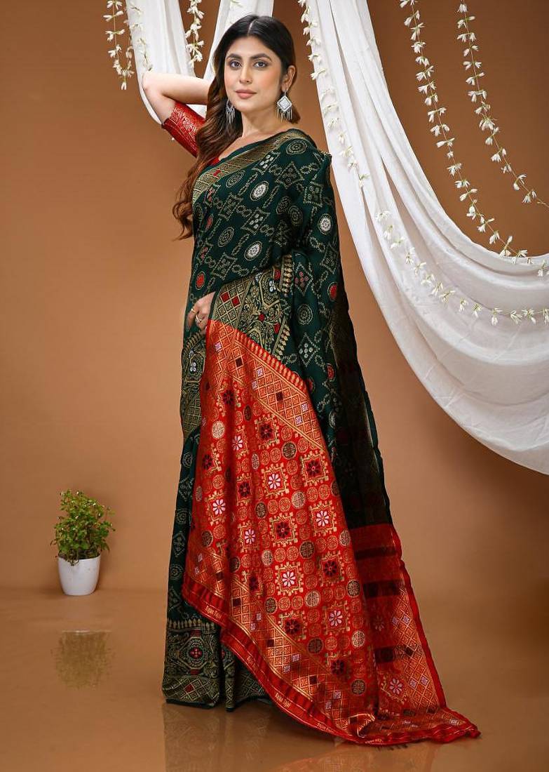 green silk blend jacquard weaving saree with matching blouse