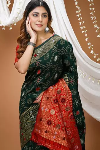 green silk blend jacquard weaving saree with matching blouse