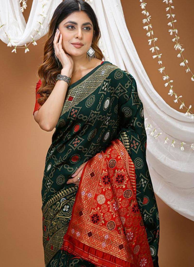 green silk blend jacquard weaving saree with matching blouse