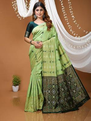 pista silk blend jacquard weaving saree with matching blouse 1