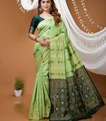 pista silk blend jacquard weaving saree with matching blouse