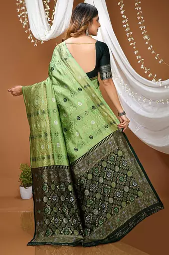 pista silk blend jacquard weaving saree with matching blouse