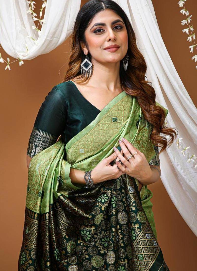 pista silk blend jacquard weaving saree with matching blouse