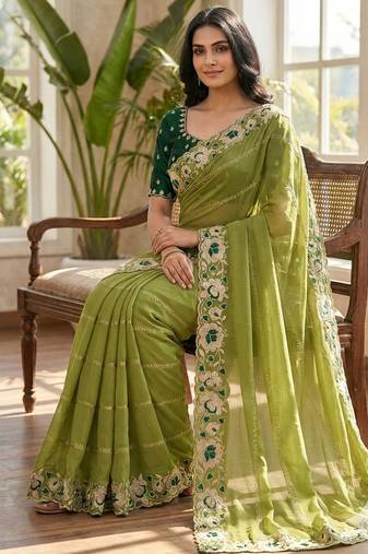 green georgette embroidered work saree with blouse