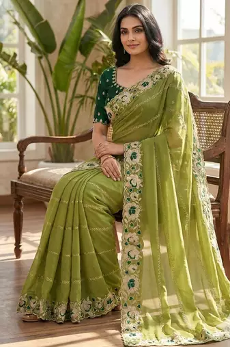green georgette embroidered work saree with blouse