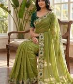 green georgette embroidered work saree with blouse