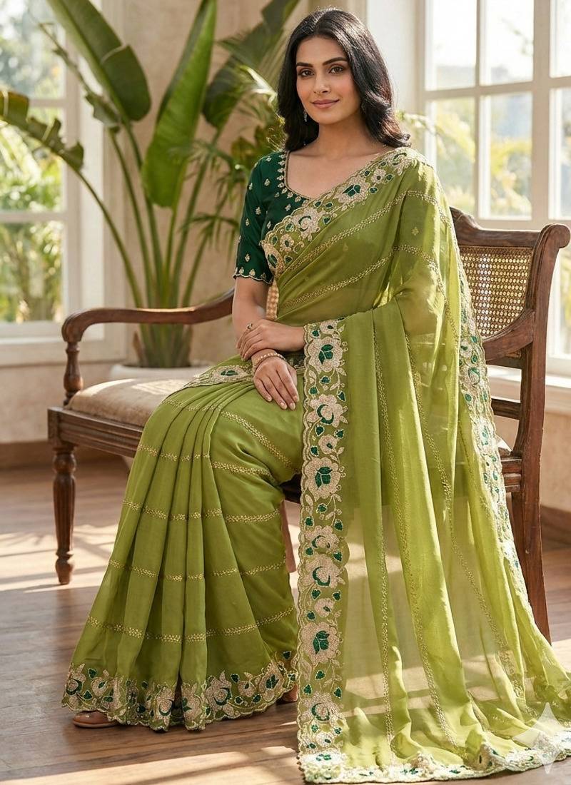 green georgette embroidered work saree with blouse
