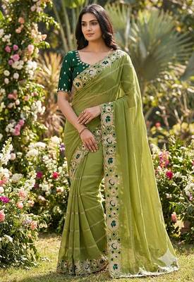 green georgette embroidered work saree with blouse 2