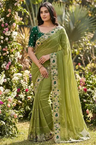 green georgette embroidered work saree with blouse