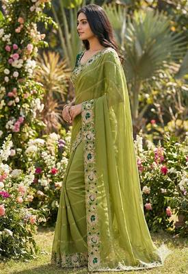 green georgette embroidered work saree with blouse 3