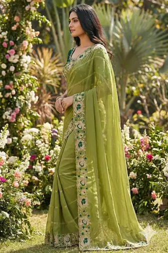 green georgette embroidered work saree with blouse