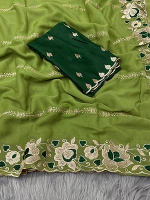 green georgette embroidered work saree with blouse 4