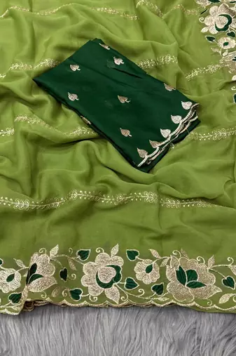 green georgette embroidered work saree with blouse