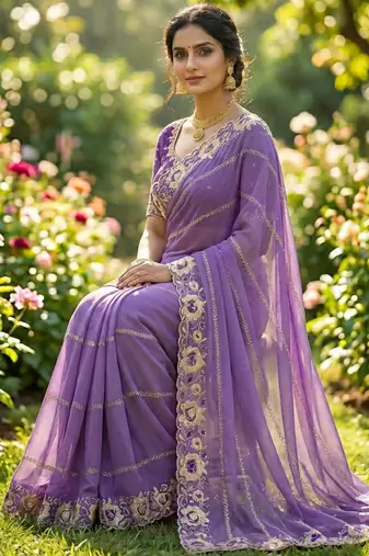 levender georgette embroidered work saree with blouse