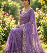 levender georgette embroidered work saree with blouse