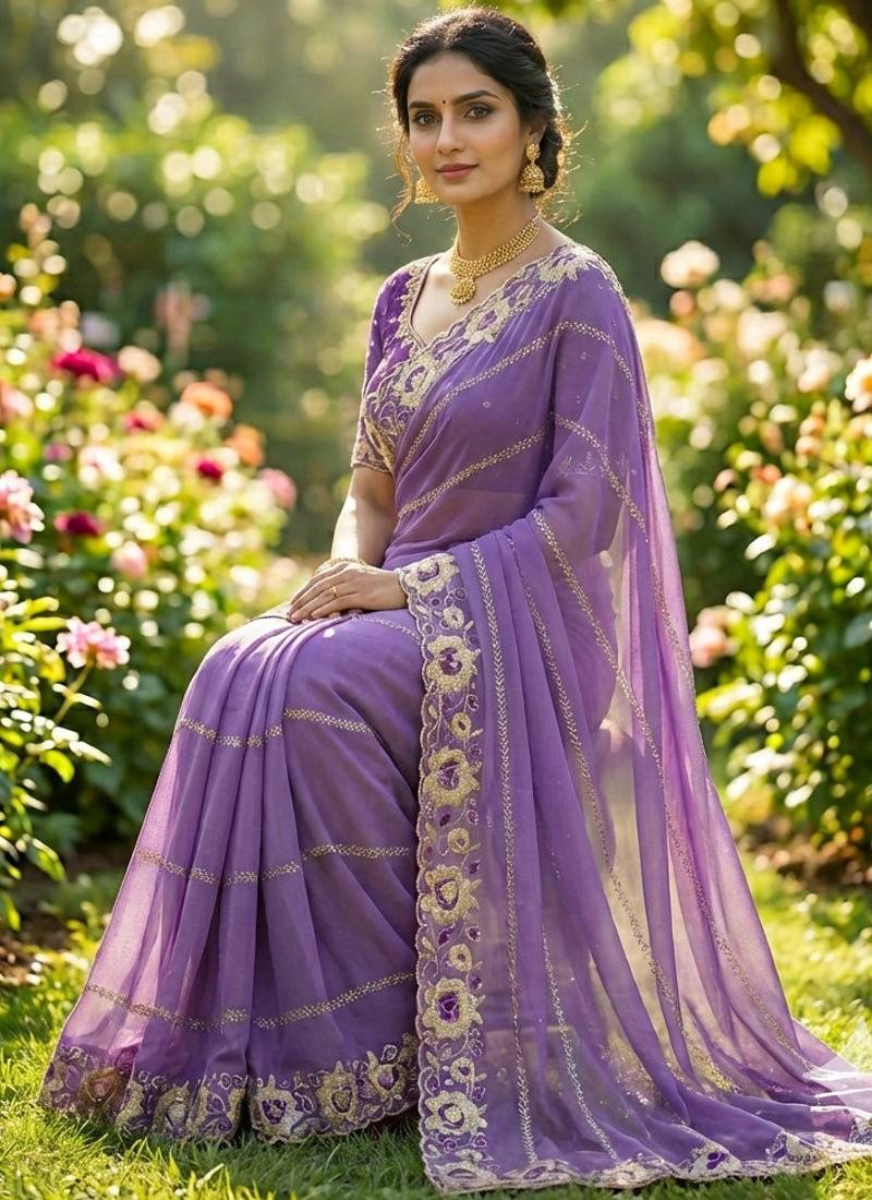 levender georgette embroidered work saree with blouse