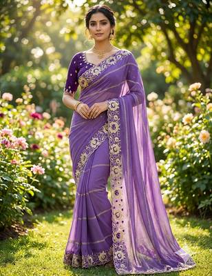 levender georgette embroidered work saree with blouse 2