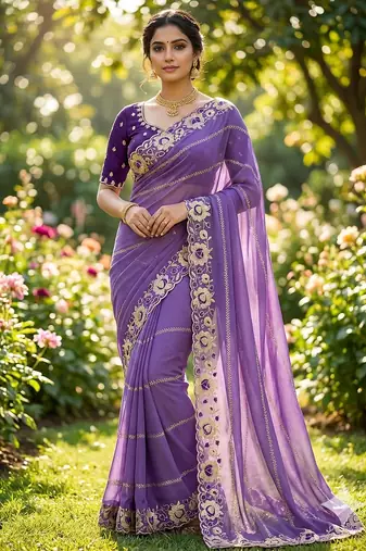 levender georgette embroidered work saree with blouse