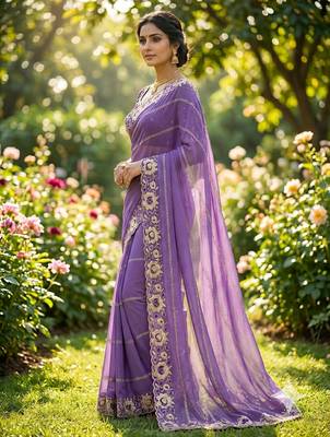 levender georgette embroidered work saree with blouse 3